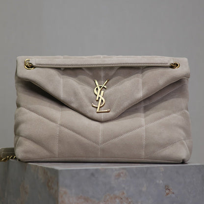 SAINT LAURENT YSL 25S LOULOU PUFFER GM 35 IN SMOKEY TAUPE SUEDE GOLD HARDWRE