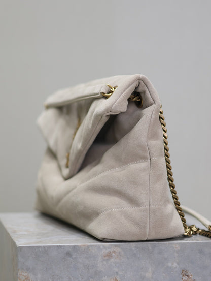 SAINT LAURENT YSL 25S LOULOU PUFFER GM 35 IN SMOKEY TAUPE SUEDE GOLD HARDWARE