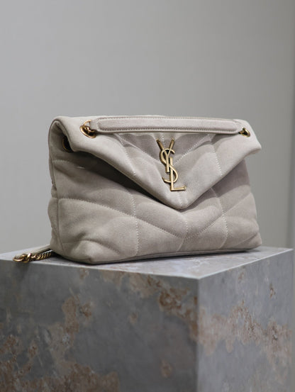 SAINT LAURENT YSL 25S LOULOU PUFFER MM 29 IN SMOKEY TAUPE SUEDE GOLD HARDWRE