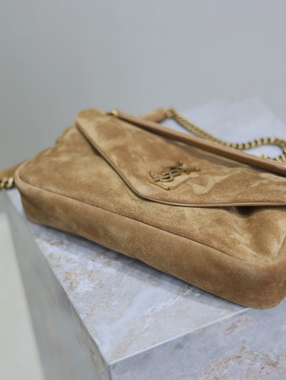 SAINT LAURENT CALYPSO BAG 26 IN CIDER BROWN SUEDE GOLD HARDWARE