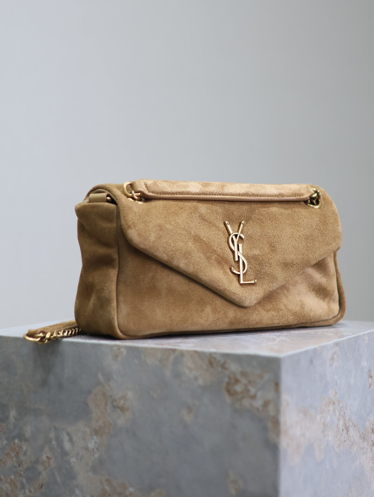 SAINT LAURENT CALYPSO BAG 26 IN CIDER BROWN SUEDE GOLD HARDWARE