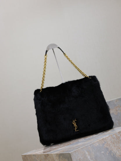 SAINT LAURENT JAMIE 4.3 LARGE BAG 43 IN BLACK LAMB FUR GOLD HARDWARE