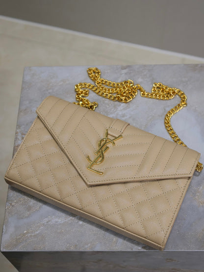 SAINT LAURENT ENVELOPE CHAIN BAG 22 IN SEPIA TAN LAMBSKIN GOLD HARDWARE