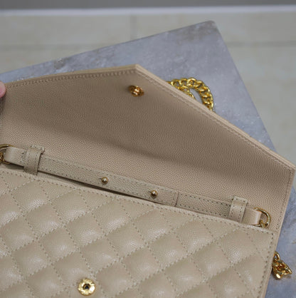 SAINT LAURENT ENVELOPE CHAIN BAG 22 IN SEPIA TAN LAMBSKIN GOLD HARDWARE