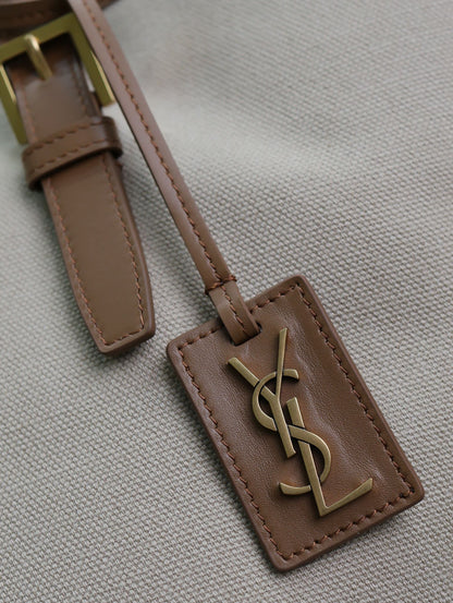 SAINT LAURENT TOTE BAG 47 IN WHITE CANVAS AND BROWN LEATHER TRIM GOLD HARDWARE