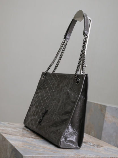 SAINT LAURENT NIKI SHOPPING BAG 33 IN GRAY CRUMPLED CALFSKIN