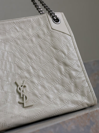 SAINT LAURENT NIKI SHOPPING BAG 33 IN WHITE CRUMPLED CALFSKIN