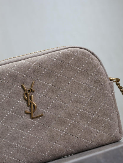 SAINT LAURENT GABY ZIPPED POUCH 19 IN GRAY MATTE SUEDE GOLD HARDWARE