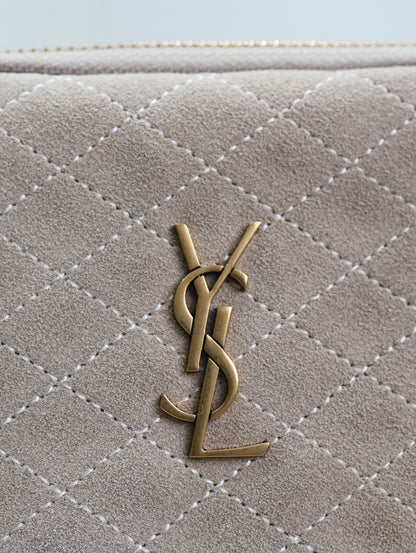 SAINT LAURENT GABY ZIPPED POUCH 19 IN GRAY MATTE SUEDE GOLD HARDWARE