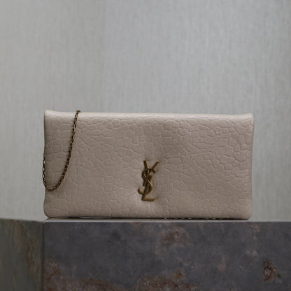 SAINT LAURENT CALYPSO POUCH 24 IN WHITE ELEPHANT TEXTURED LAMBSKIN GOLD LOGO