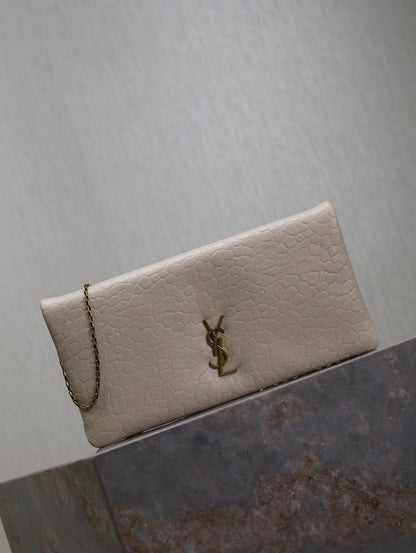 SAINT LAURENT CALYPSO POUCH 24 IN WHITE ELEPHANT TEXTURED LAMBSKIN GOLD LOGO