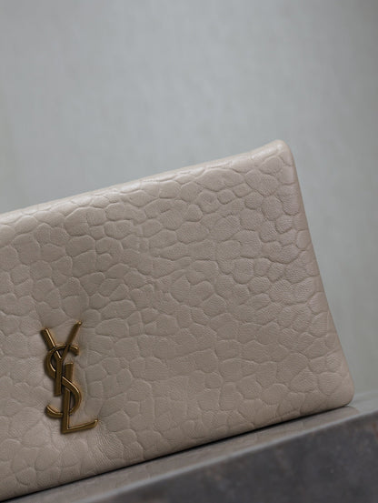 SAINT LAURENT CALYPSO POUCH 24 IN WHITE ELEPHANT TEXTURED LAMBSKIN GOLD LOGO