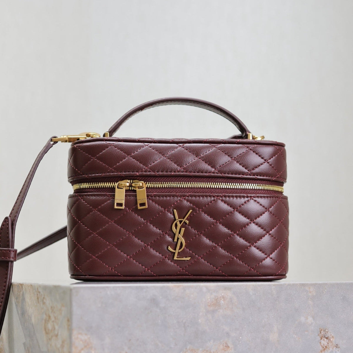 SAINT LAURENT GABY MINI VANITY 18 IN AUBURN RED LAMBSKIN GOLD HARDWARE