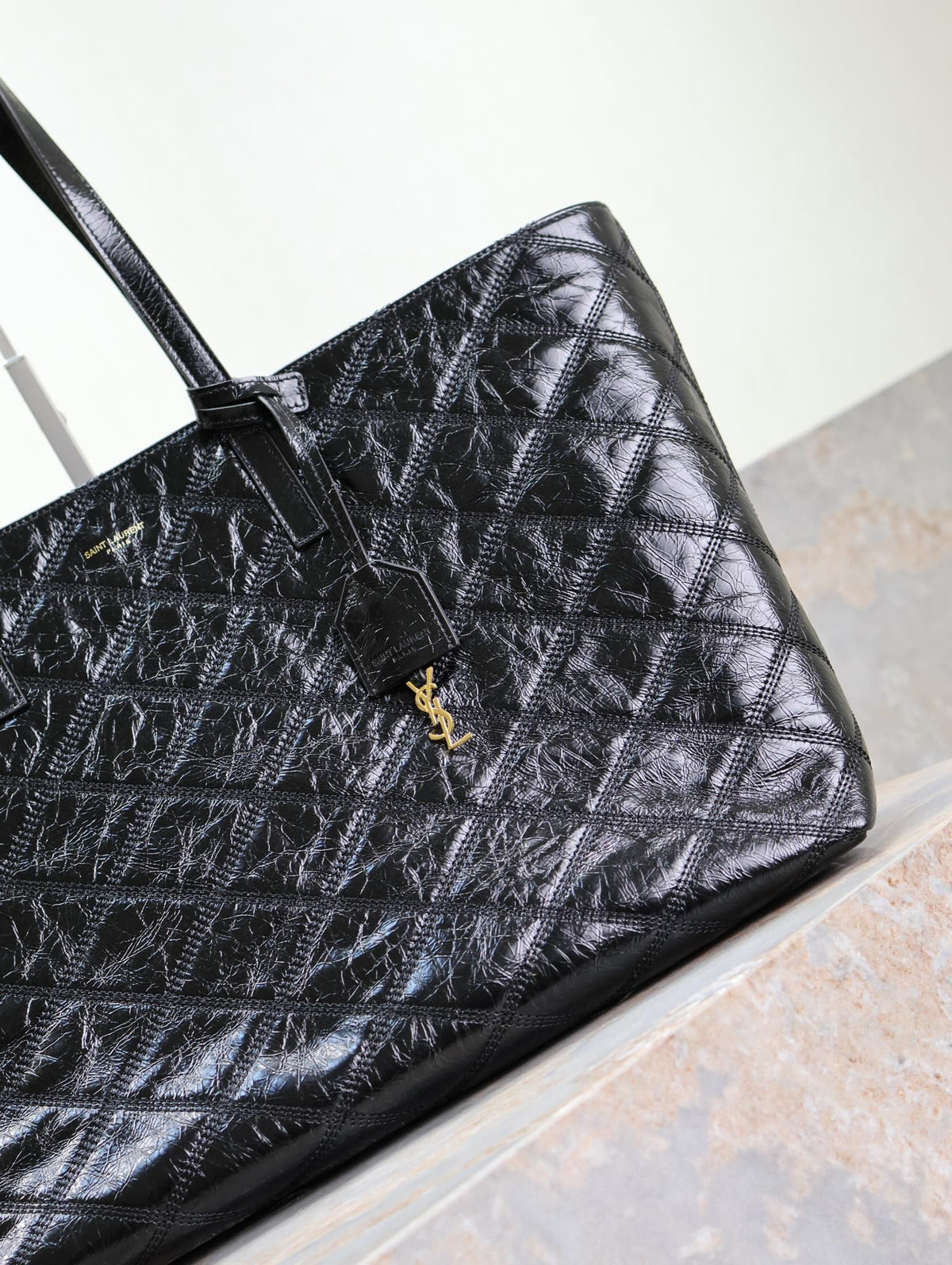 SAINT LAURENT SHOPPING TOTE BAG 38 IN BLACK CRUMPLED CALFSKIN