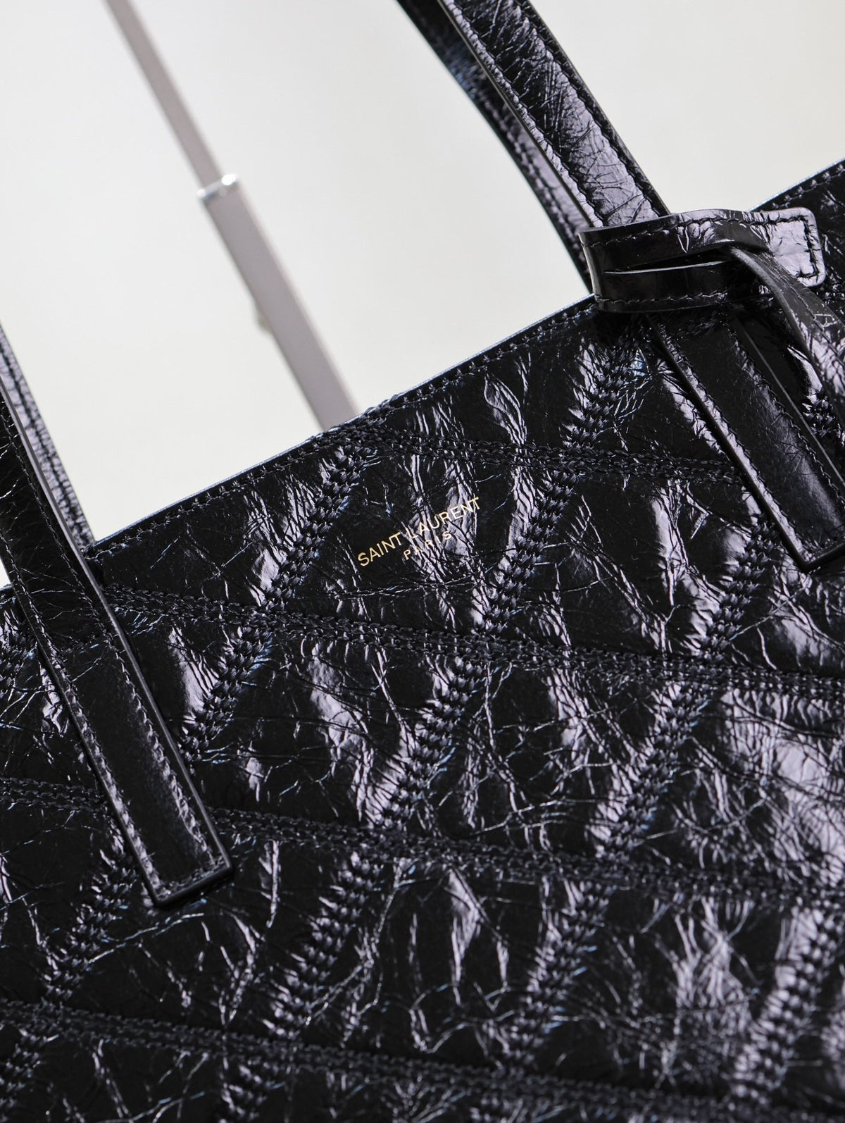 SAINT LAURENT SHOPPING TOTE BAG 38 IN BLACK CRUMPLED CALFSKIN
