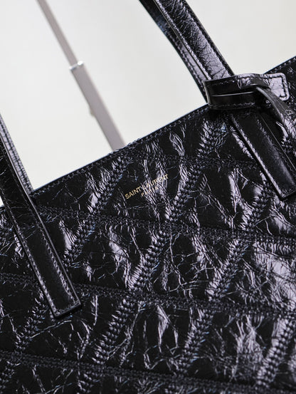 SAINT LAURENT SHOPPING TOTE BAG 38 IN BLACK CRUMPLED CALFSKIN