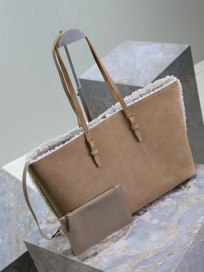 SAINT LAURENT SHOPPING TOTE BAG 38 IN TAN BROWN SUEDE AND WHITE SHEARLING TRIM