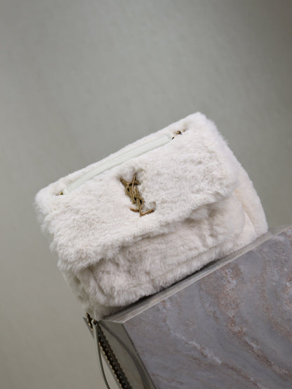 SAINT LAURENT NIKI MEDIUM 28 IN WHITE RABBIT FUR GOLD HARDWARE