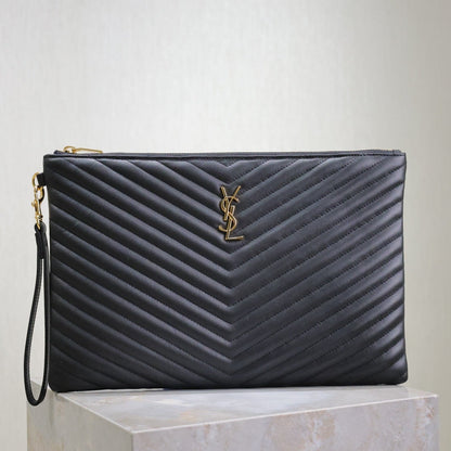SAINT LAURENT CLUTCH 36 IN BLACK QUILTED CALFSKIN GOLD BUCKLE