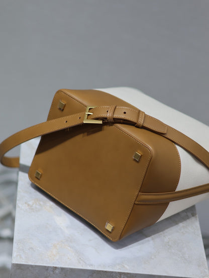 SAINT LAURENT YSL 25S LE 5 À 7 BUCKET 26 IN CREAM BROWN CALFSKIN AND CANVAS GOLD HARDWRE