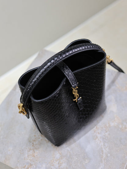 SAINT LAURENT YSL 25S LE 37 BUCKET 15 IN BLACK SNAKE EMBOSSED CALFSKIN GOLD HARDWARE