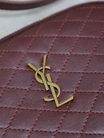 SAINT LAURENT GABY ZIPPED POUCH 19 IN WINE RED QUILTED LAMBSKIN GOLD HARDWARE