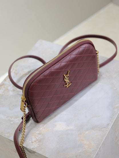 SAINT LAURENT GABY ZIPPED POUCH 19 IN WINE RED QUILTED LAMBSKIN GOLD HARDWARE