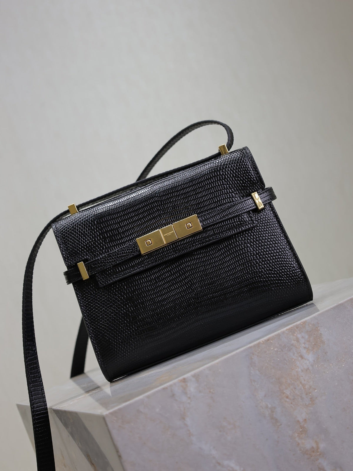 SAINT LAURENT YSL 25S MINI MANHATTAN 19 IN BLACK SHINY CROCODILE CALFSKIN GOLD HARDWRE
