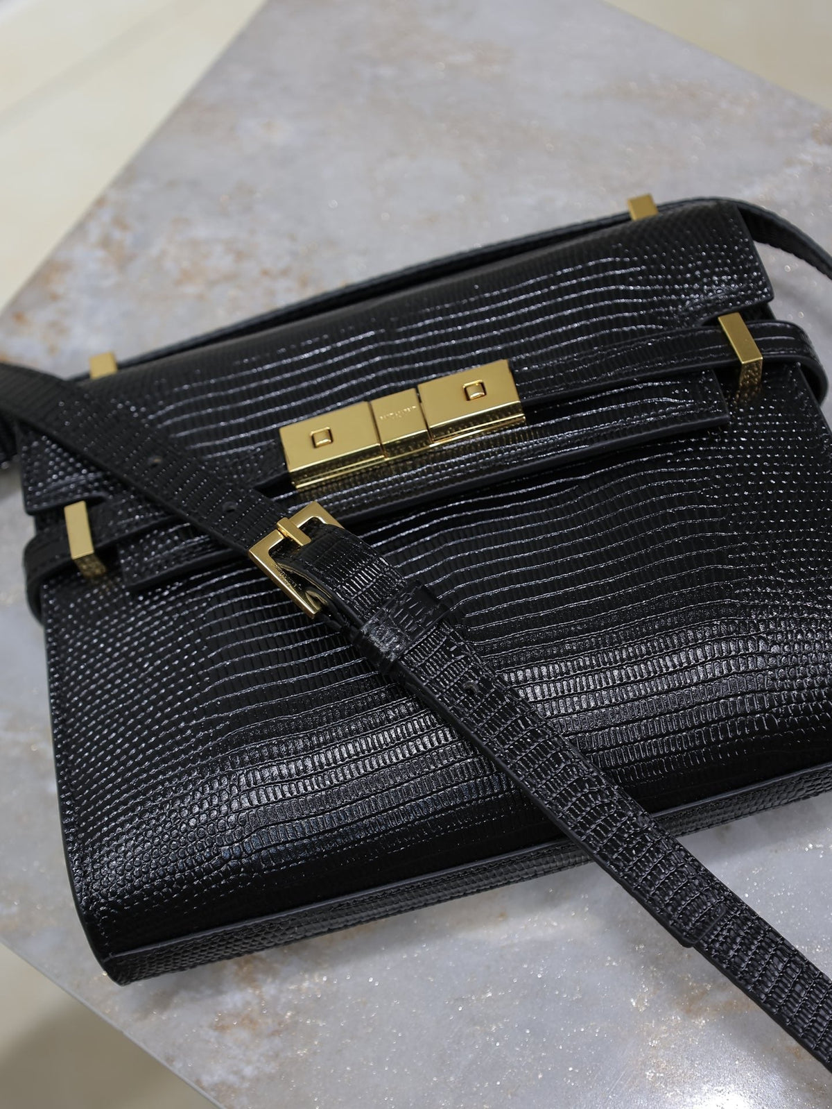 SAINT LAURENT YSL 25S MINI MANHATTAN 19 IN BLACK SHINY CROCODILE CALFSKIN GOLD HARDWRE