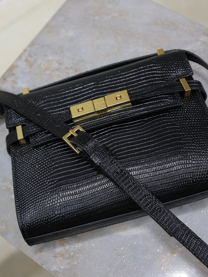 SAINT LAURENT YSL 25S MINI MANHATTAN 19 IN BLACK SHINY CROCODILE CALFSKIN GOLD HARDWRE