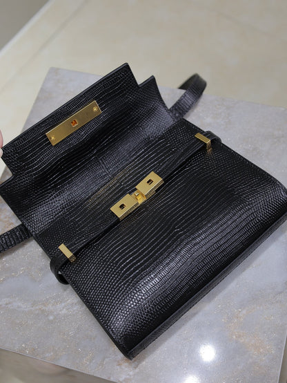 SAINT LAURENT YSL 25S MINI MANHATTAN 19 IN BLACK SHINY CROCODILE CALFSKIN GOLD HARDWRE