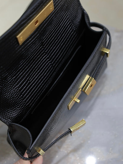 SAINT LAURENT YSL 25S MINI MANHATTAN 19 IN BLACK SHINY CROCODILE CALFSKIN GOLD HARDWRE