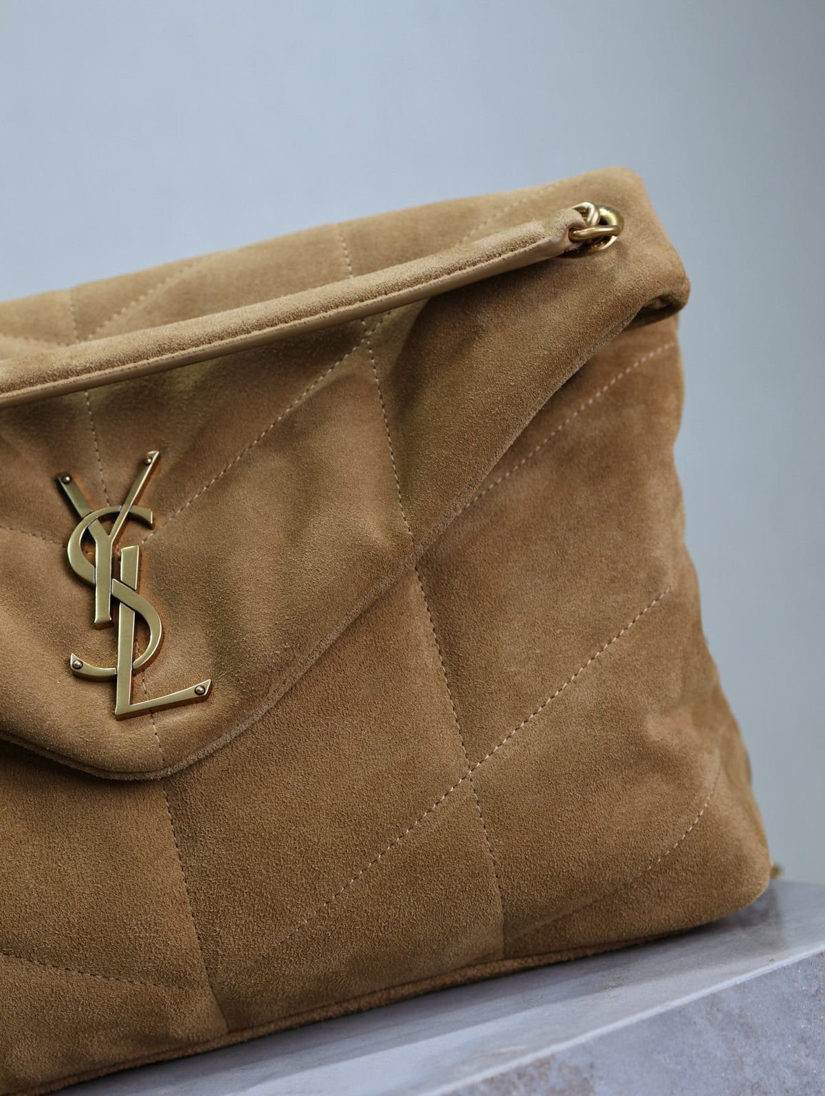 SAINT LAURENT YSL 25S LOULOU PUFFER GM 35 IN TAN BROWN SUEDE GOLD HARDWRE
