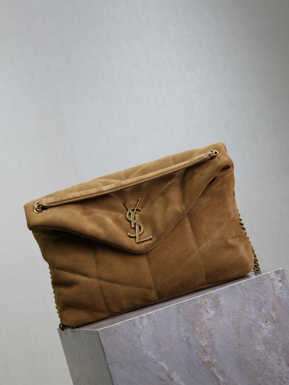 SAINT LAURENT YSL 25S LOULOU PUFFER GM 35 IN TAN BROWN SUEDE GOLD HARDWRE