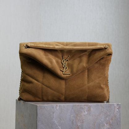 SAINT LAURENT YSL 25S LOULOU PUFFER GM 35 IN TAN BROWN SUEDE GOLD HARDWRE