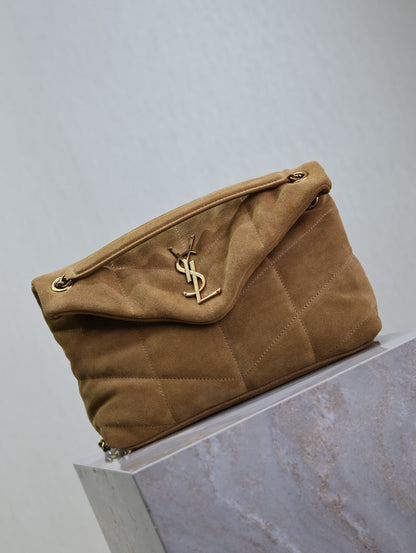 SAINT LAURENT YSL 25S LOULOU PUFFER MM 29 IN TAN BROWN SUEDE GOLD HARDWRE