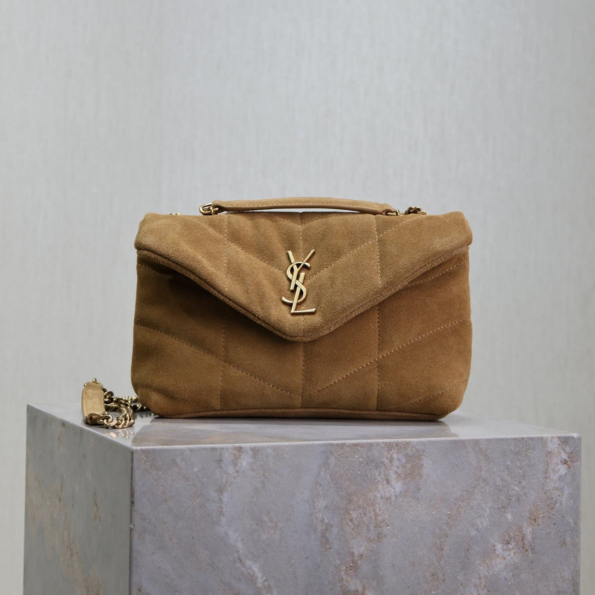 SAINT LAURENT YSL 25S LOULOU PUFFER MINI 23 IN TAN BROWN SUEDE GOLD HARDWARE