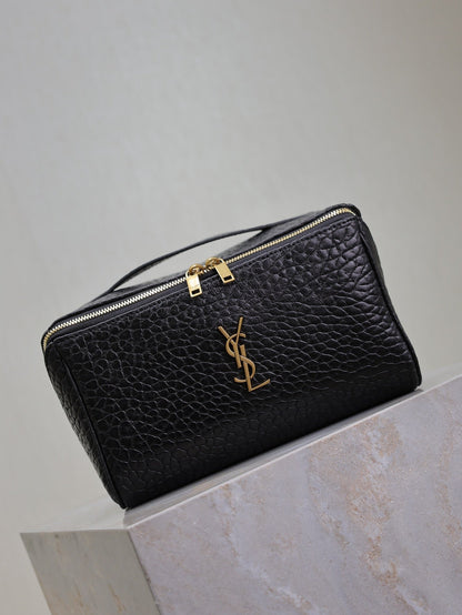 SAINT LAURENT COMESTIC POUCH IN BLACK LAMBSKIN GOLD LOGO