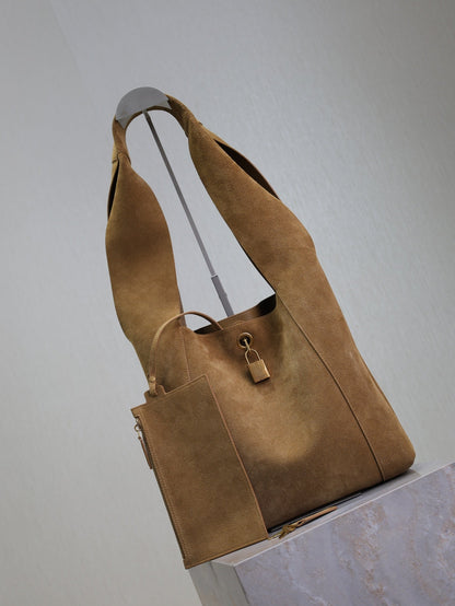 SAINT LAURENT TANGER HOBO BAG 27 IN PEANUT BROWN SUEDE