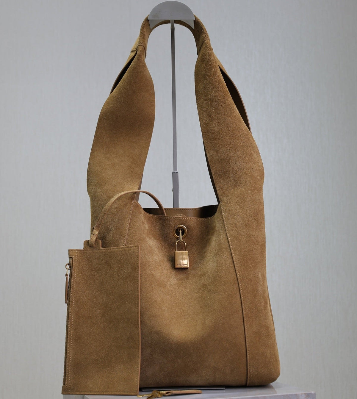 SAINT LAURENT TANGER HOBO BAG 27 IN PEANUT BROWN SUEDE