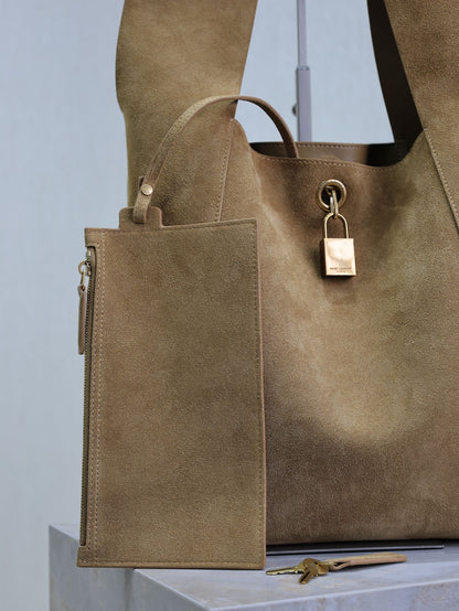 SAINT LAURENT TANGER HOBO BAG 27 IN PEANUT BROWN SUEDE