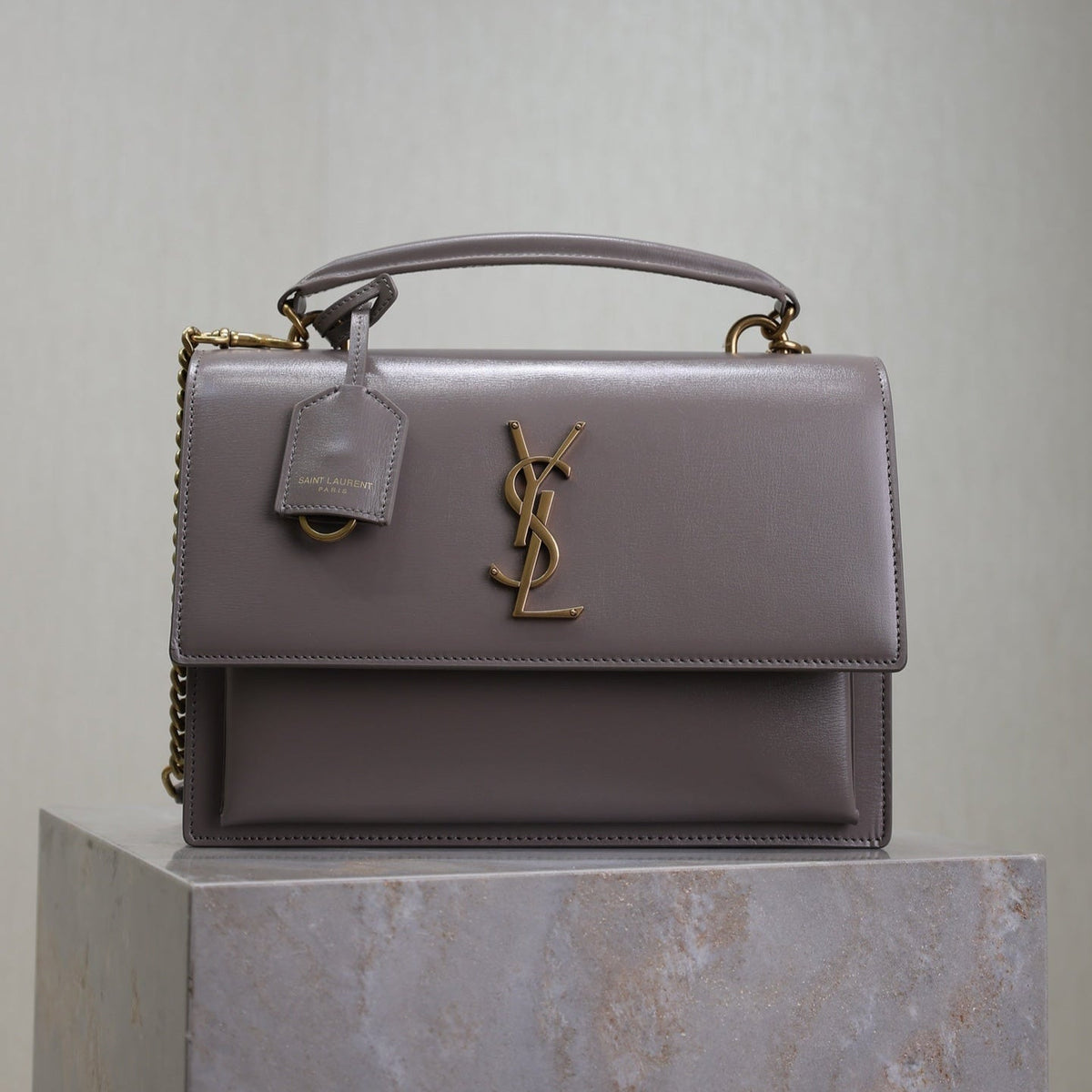 SAINT LAURENT YSL 25S SUNSET MM 25 IN GRAYISH PURPLE CALFSKIN GOLD HARDWRE