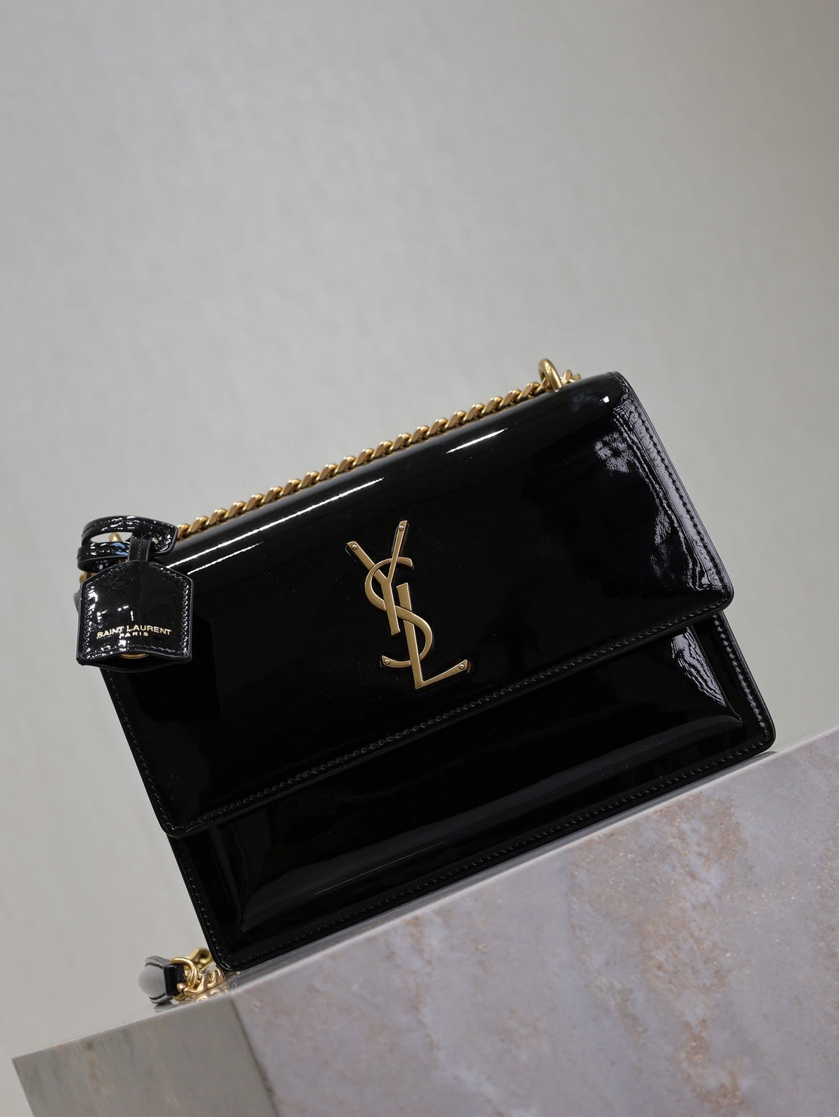 SAINT LAURENT YSL 25S SUNSET MEDIUM 22 IN BLACK SHINY CALFSKIN GOLD HARDWRE
