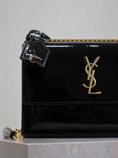SAINT LAURENT YSL 25S SUNSET MEDIUM 22 IN BLACK SHINY CALFSKIN GOLD HARDWRE