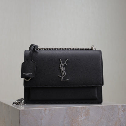 SAINT LAURENT YSL 25S SUNSET MEDIUM 22 IN BLACK GRAINED CALFSKIN SILVER HARDWRE