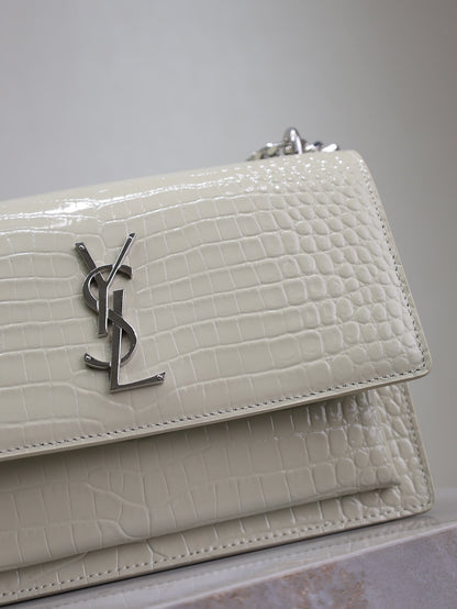 SAINT LAURENT YSL 25S SUNSET MEDIUM 22 IN IVORY CROCODILE-EMBOSSED SHINY CALFSKIN SILVER HARDWRE