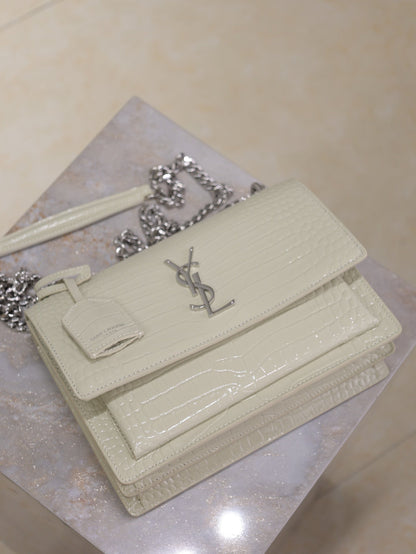 SAINT LAURENT YSL 25S SUNSET MEDIUM 22 IN IVORY CROCODILE-EMBOSSED SHINY CALFSKIN SILVER HARDWRE
