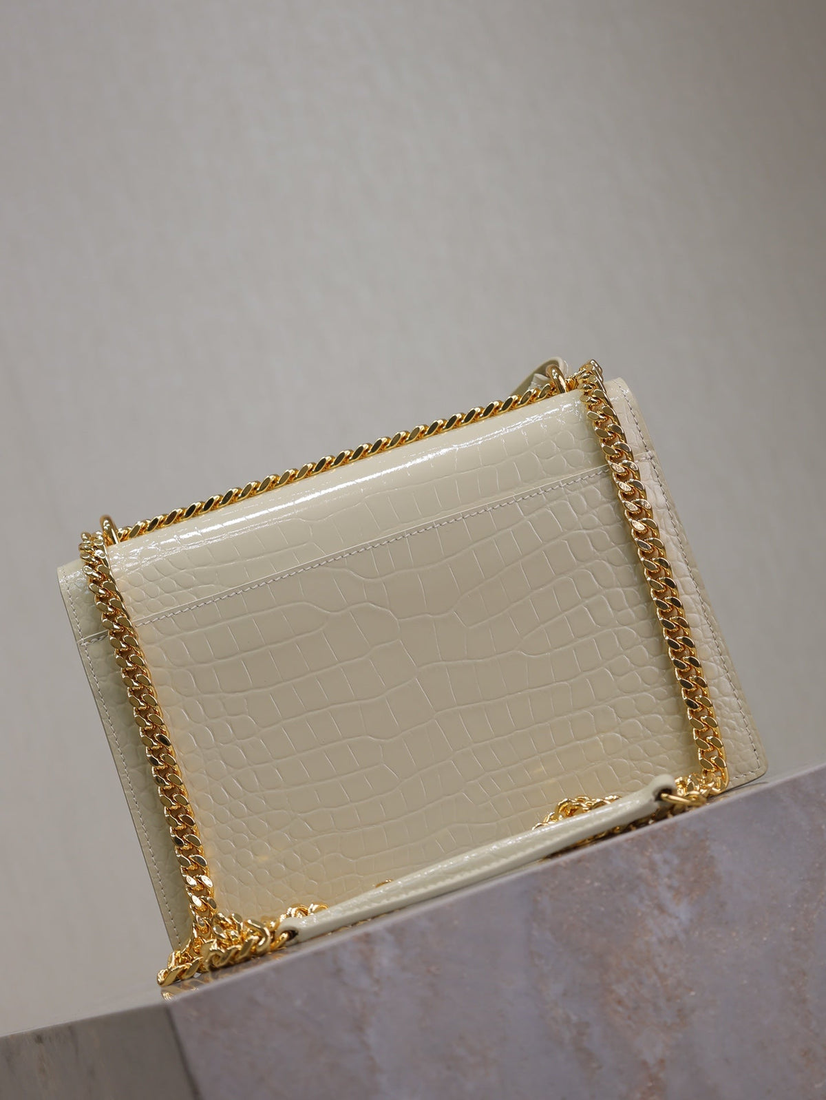 SAINT LAURENT YSL 25S SUNSET MEDIUM 22 IN IVORY CROCODILE-EMBOSSED SHINY CALFSKIN GOLD HARDWRE