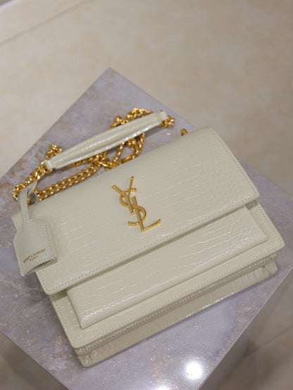 SAINT LAURENT YSL 25S SUNSET MEDIUM 22 IN IVORY CROCODILE-EMBOSSED SHINY CALFSKIN GOLD HARDWRE