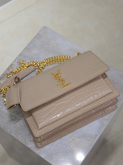 SAINT LAURENT YSL 25S SUNSET MEDIUM 22 IN NUDE CROCODILE-EMBOSSED SHINY CALFSKIN GOLD HARDWRE